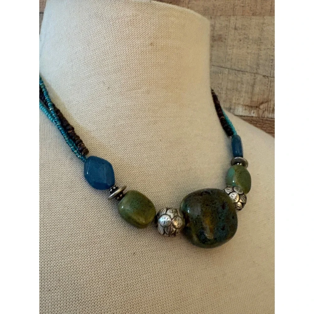 Coldwater Creek Multi-Strand Beaded Necklace Green Blue Ceramic Silver Boho